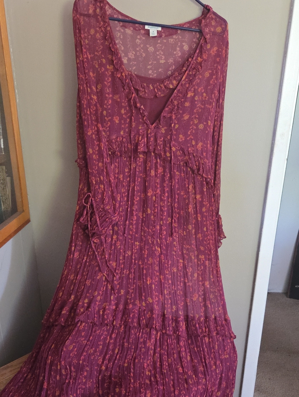 Sundance Burgundy Floral Ruffle Maxi Dress